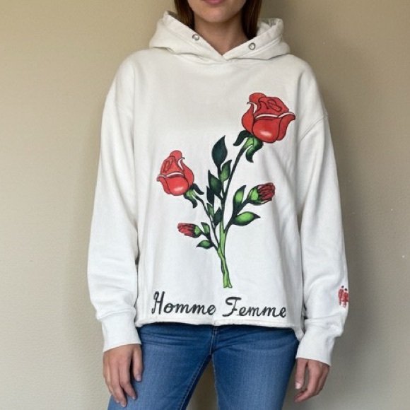 Homme + Femme Cream Rose Design Cotton Unisex Hoodie Size Small - Picture 1 of 7